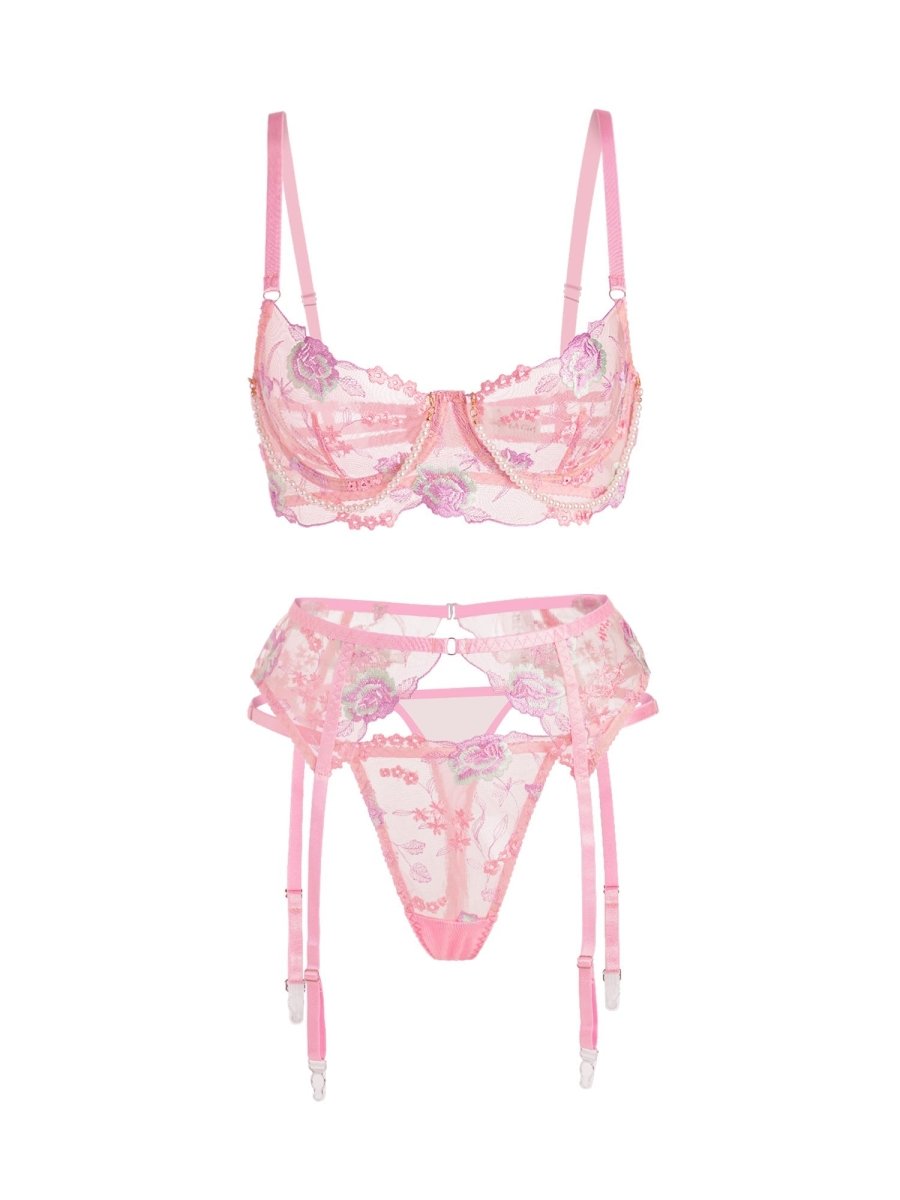 Pink Floral Embroidery Pearl Chain Lingerie Set - Love Salve