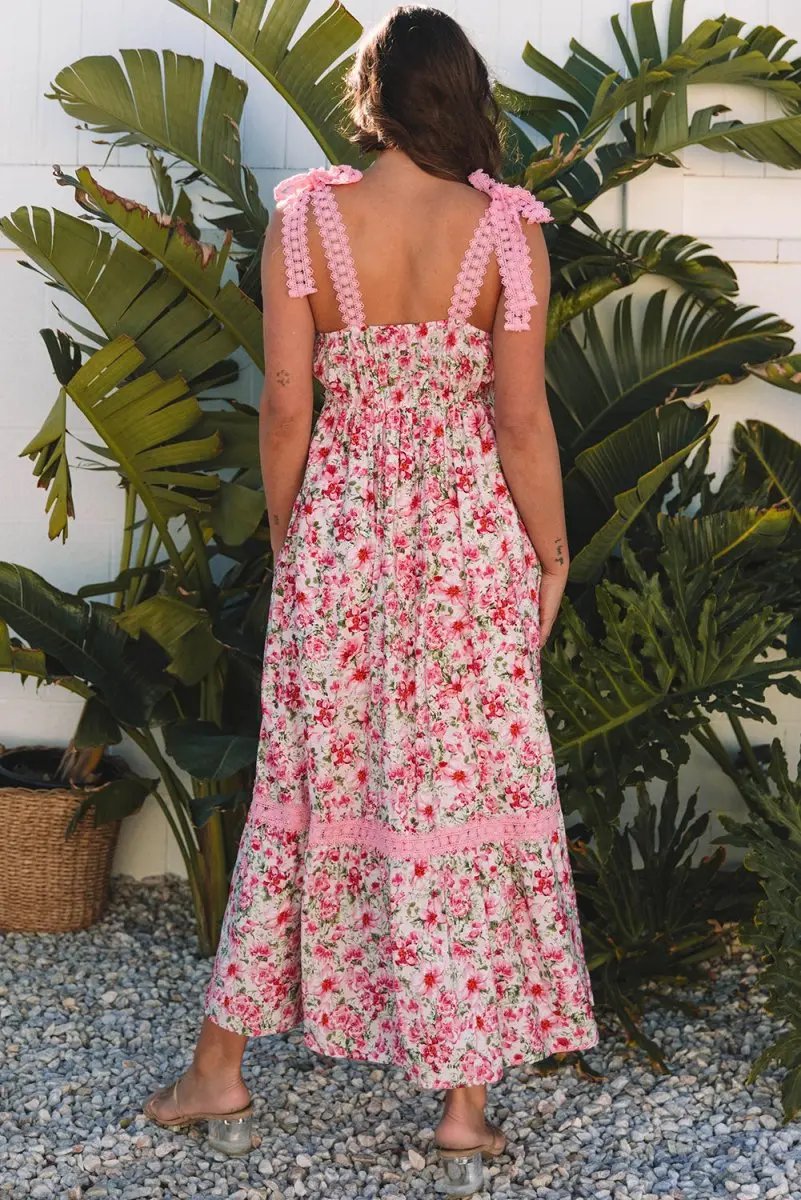 Pink Floral Lace Tied Strap Empire Waist Maxi Dress for Women - Love Salve