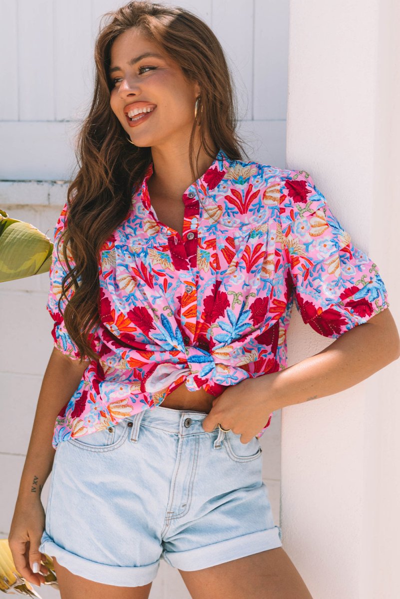 Pink Floral Print Bubble Sleeve Button Up Pleated Shirt - Love Salve