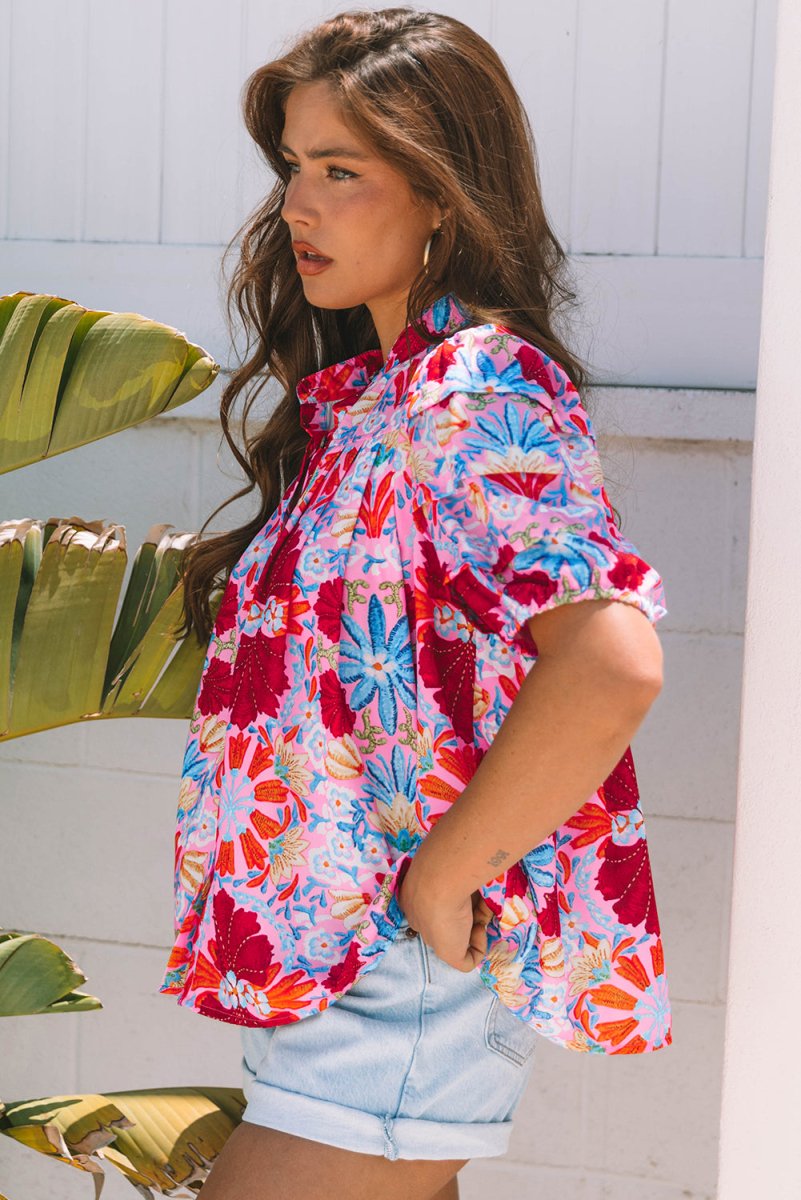 Pink Floral Print Bubble Sleeve Button Up Pleated Shirt - Love Salve