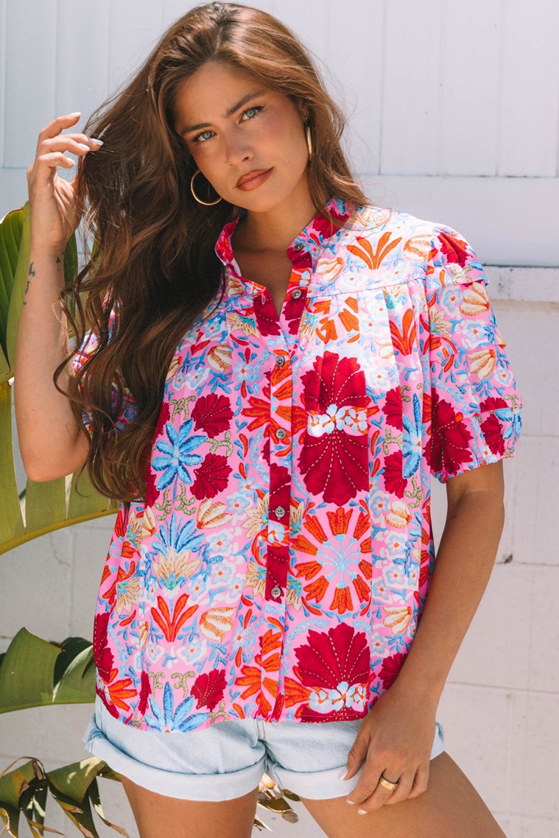 Pink Floral Print Bubble Sleeve Button Up Pleated Shirt - Love Salve
