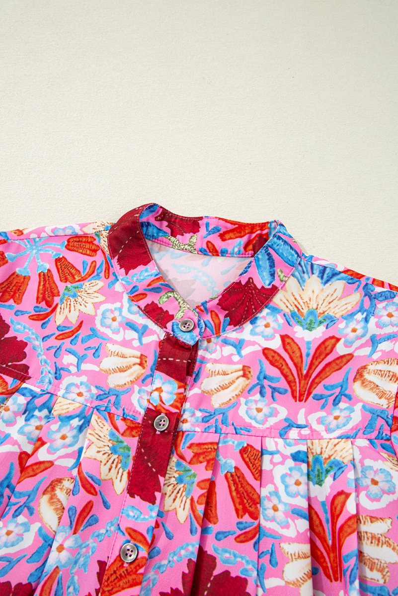 Pink Floral Print Bubble Sleeve Button Up Pleated Shirt - Love Salve