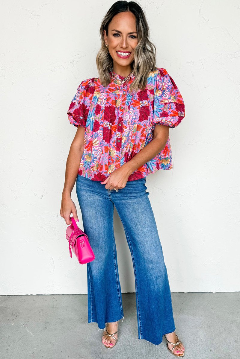 Pink Floral Print Bubble Sleeve Button Up Pleated Shirt - Love Salve