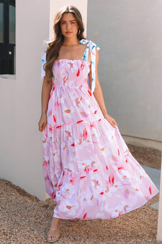 Pink Floral Print Knotted Shoulder Smocked Maxi Dress - Love Salve