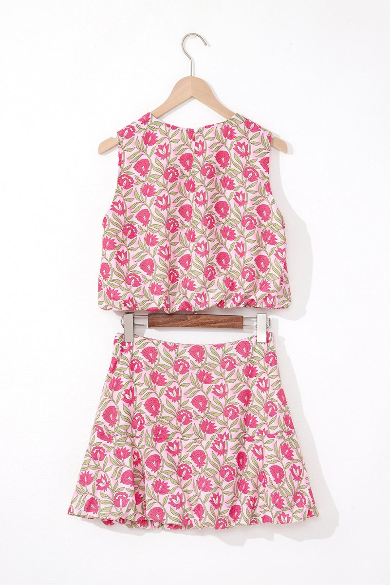 Pink Floral Print Puffy Cropped Tank and Mini Skirt Set - Love Salve