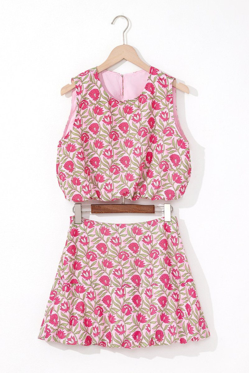 Pink Floral Print Puffy Cropped Tank and Mini Skirt Set - Love Salve