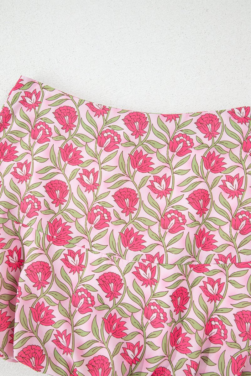 Pink Floral Print Puffy Cropped Tank and Mini Skirt Set - Love Salve
