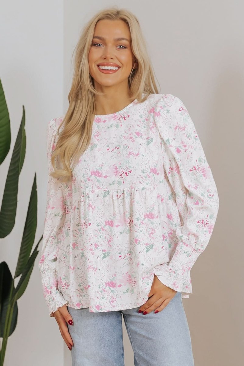 Pink Floral Print Shirred Balloon Sleeve Keyhole Back Babydoll Blouse - Love Salve