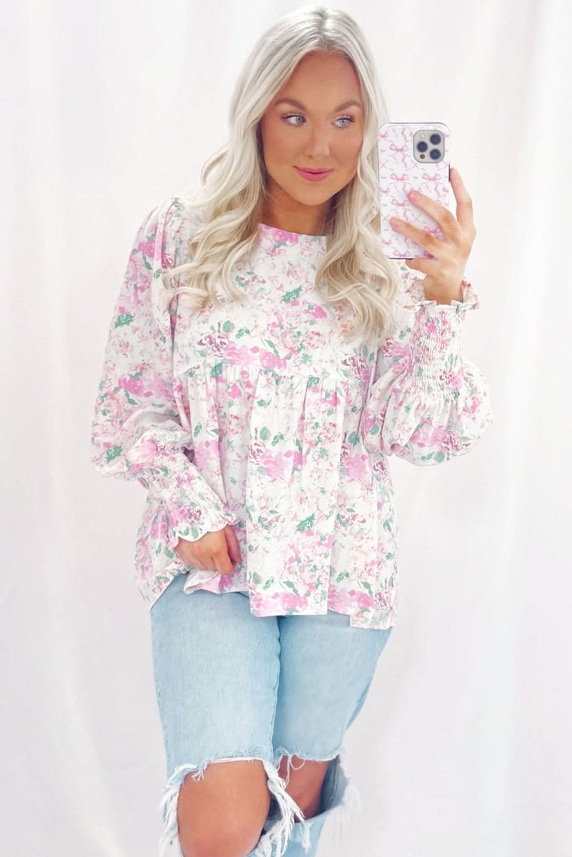 Pink Floral Print Shirred Balloon Sleeve Keyhole Back Babydoll Blouse - Love Salve