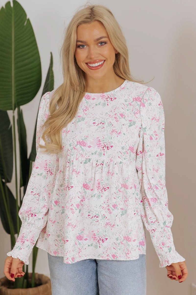 Pink Floral Print Shirred Balloon Sleeve Keyhole Back Babydoll Blouse - Love Salve
