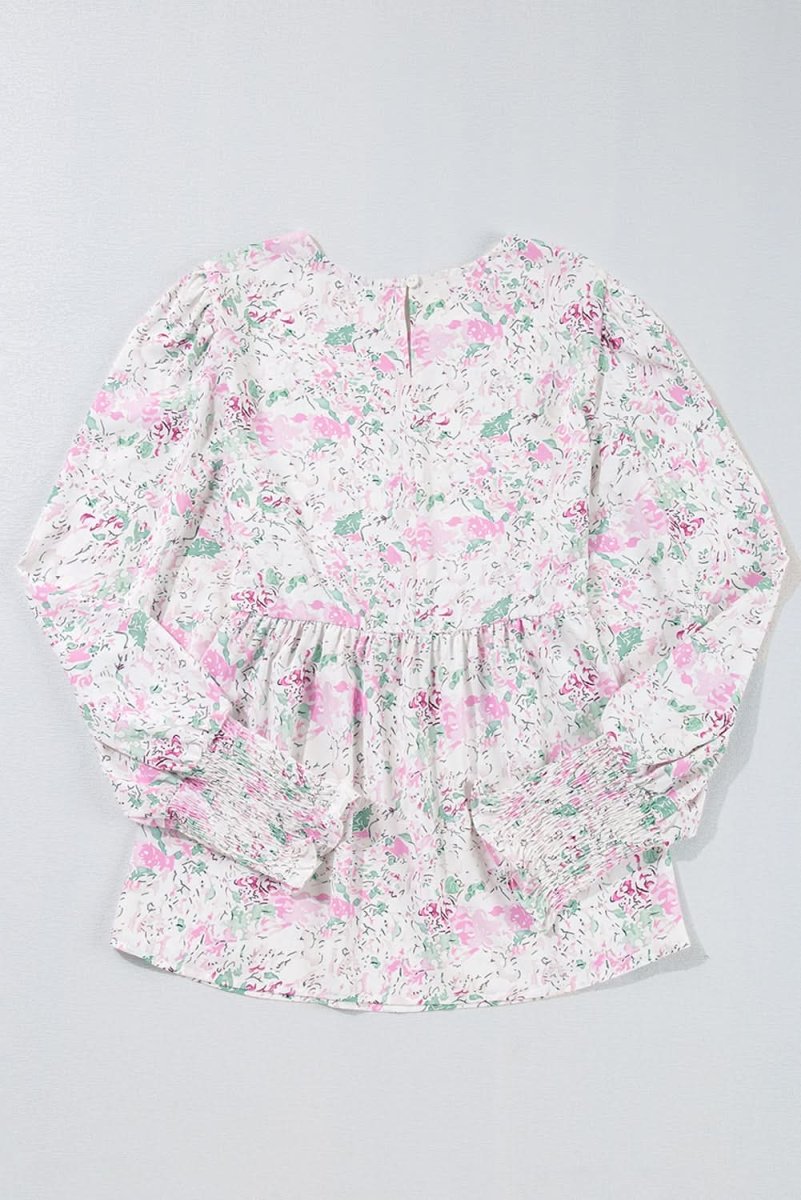 Pink Floral Print Shirred Balloon Sleeve Keyhole Back Babydoll Blouse - Love Salve
