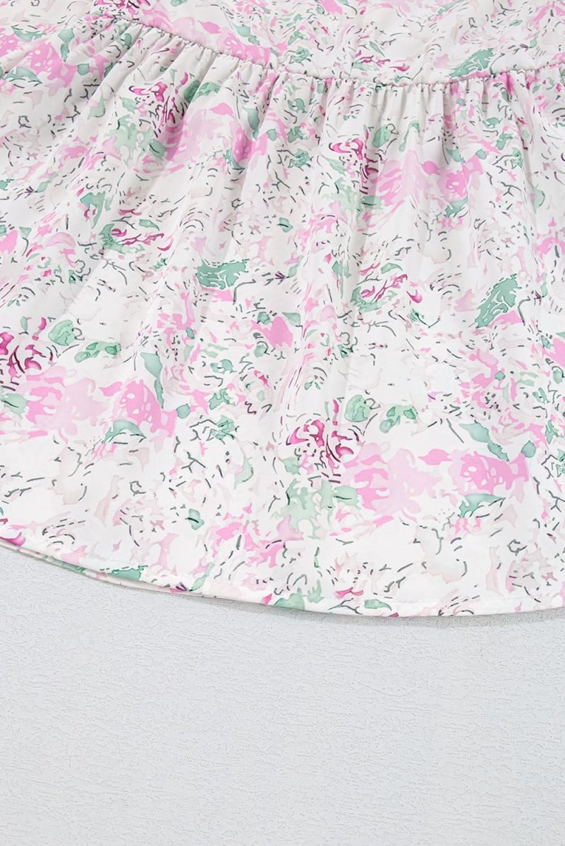 Pink Floral Print Shirred Balloon Sleeve Keyhole Back Babydoll Blouse - Love Salve