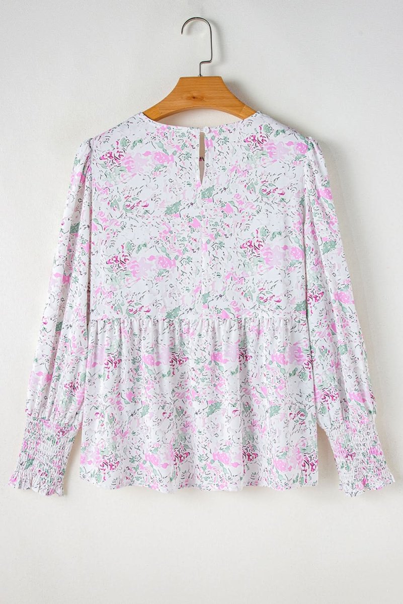 Pink Floral Print Shirred Balloon Sleeve Keyhole Back Babydoll Blouse - Love Salve