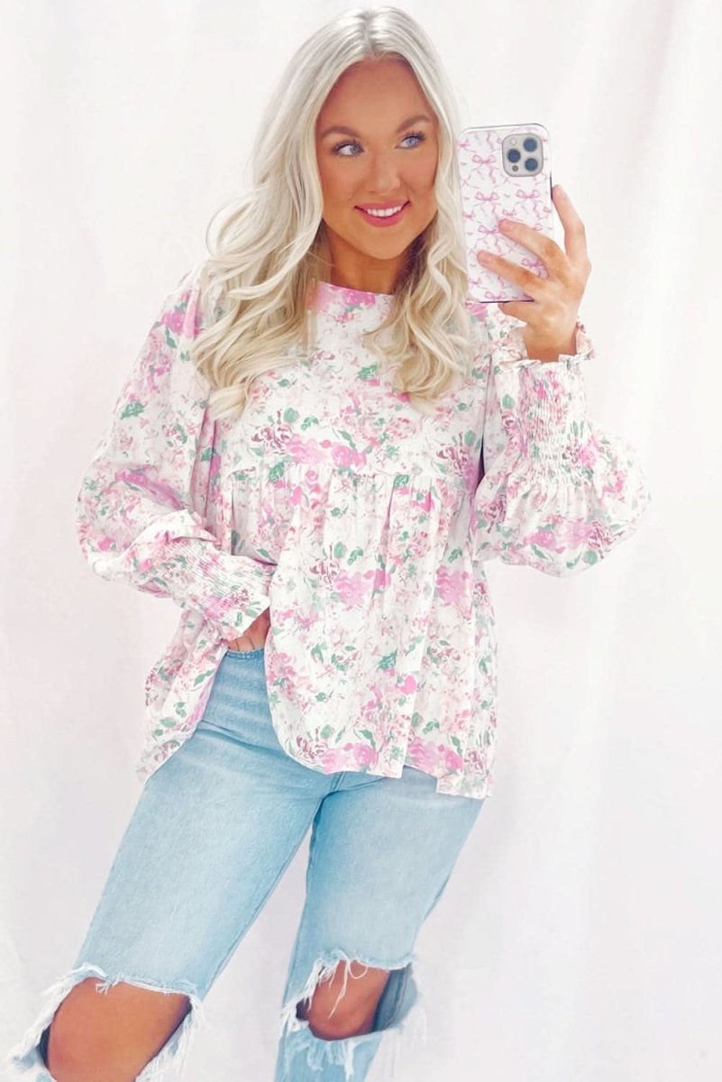 Pink Floral Print Shirred Balloon Sleeve Keyhole Back Babydoll Blouse - Love Salve