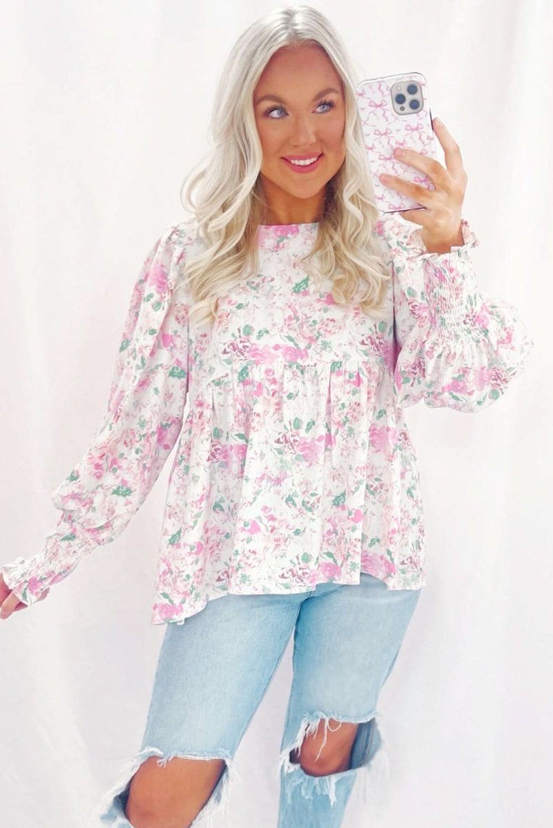 Pink Floral Print Shirred Balloon Sleeve Keyhole Back Babydoll Blouse - Love Salve
