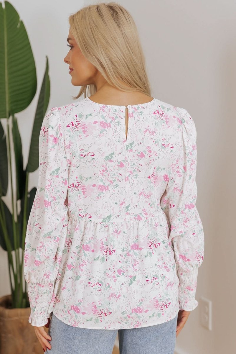 Pink Floral Print Shirred Balloon Sleeve Keyhole Back Babydoll Blouse - Love Salve