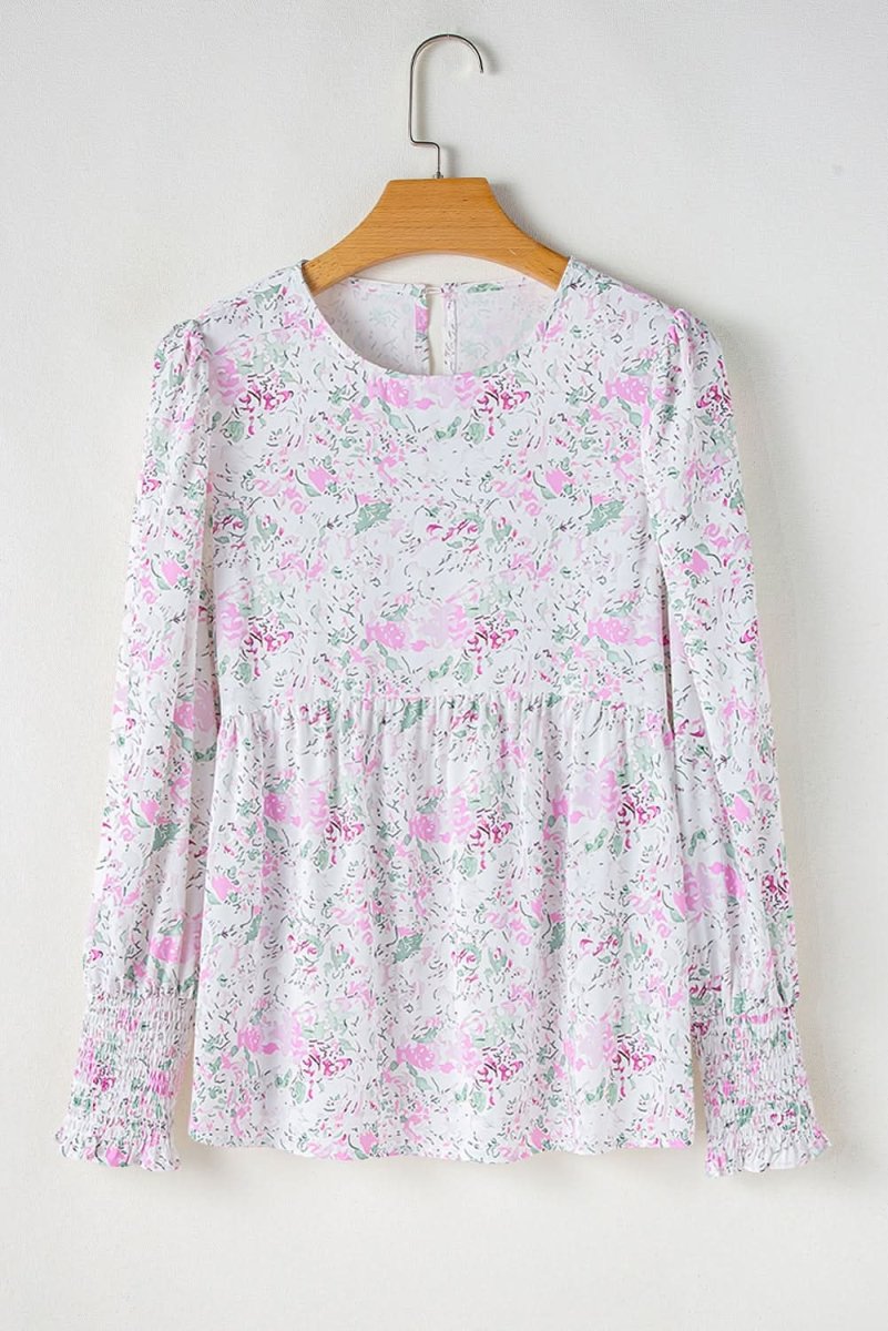 Pink Floral Print Shirred Balloon Sleeve Keyhole Back Babydoll Blouse - Love Salve