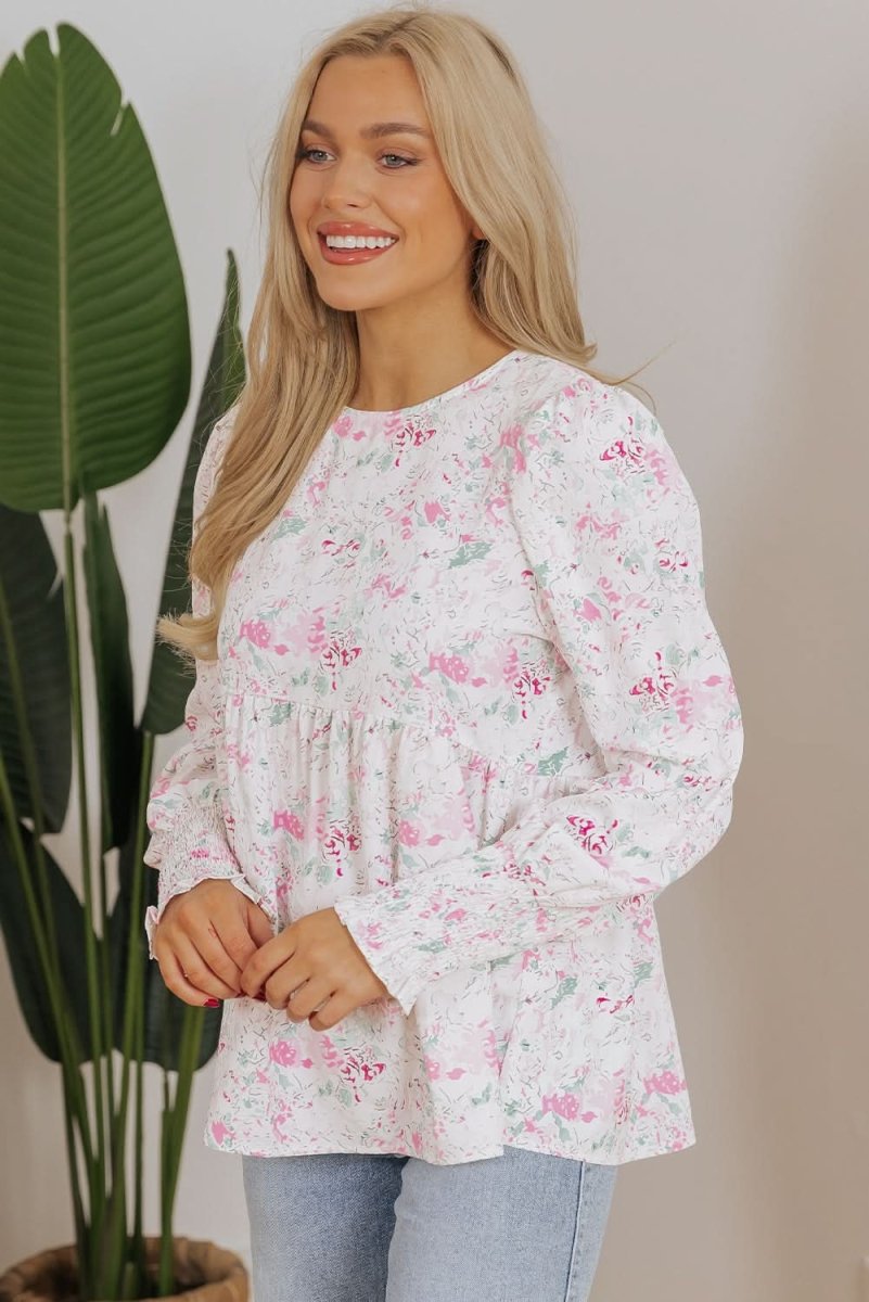 Pink Floral Print Shirred Balloon Sleeve Keyhole Back Babydoll Blouse - Love Salve