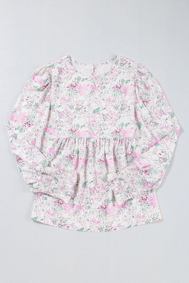 Pink Floral Print Shirred Balloon Sleeve Keyhole Back Babydoll Blouse - Love Salve