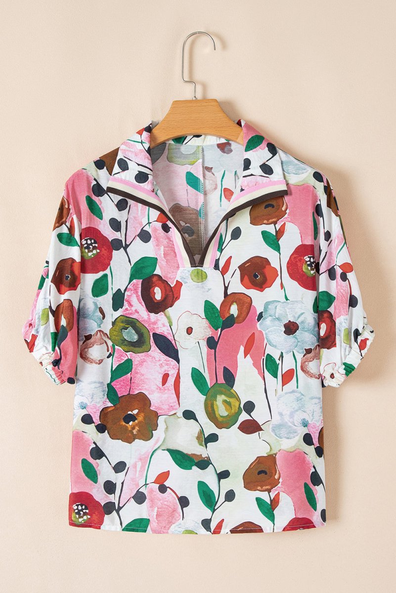 Pink Floral Print Slit V Neck Short Sleeve Blouse for Women - Love Salve