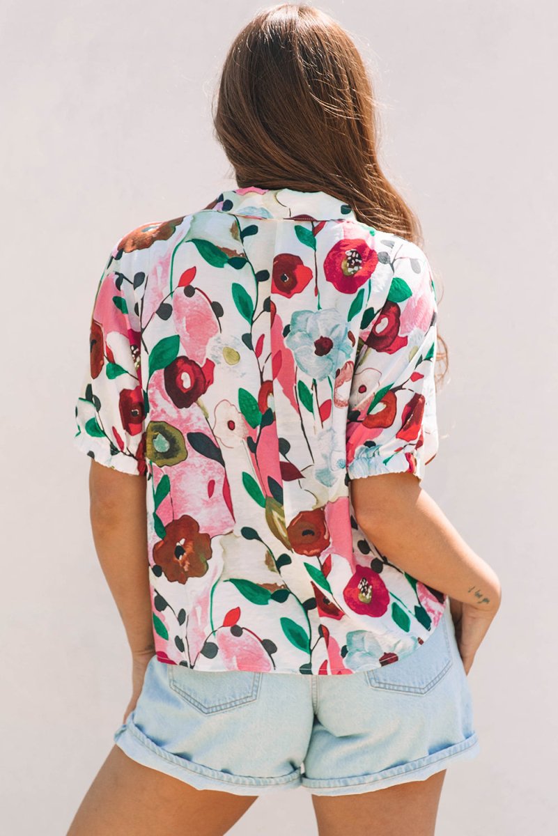 Pink Floral Print Slit V Neck Short Sleeve Blouse for Women - Love Salve
