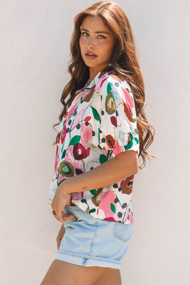 Pink Floral Print Slit V Neck Short Sleeve Blouse for Women - Love Salve