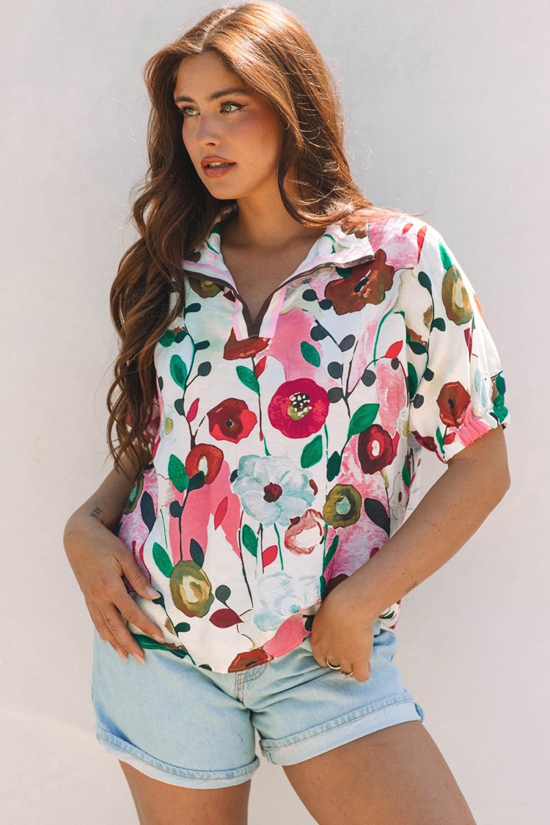 Pink Floral Print Slit V Neck Short Sleeve Blouse for Women - Love Salve