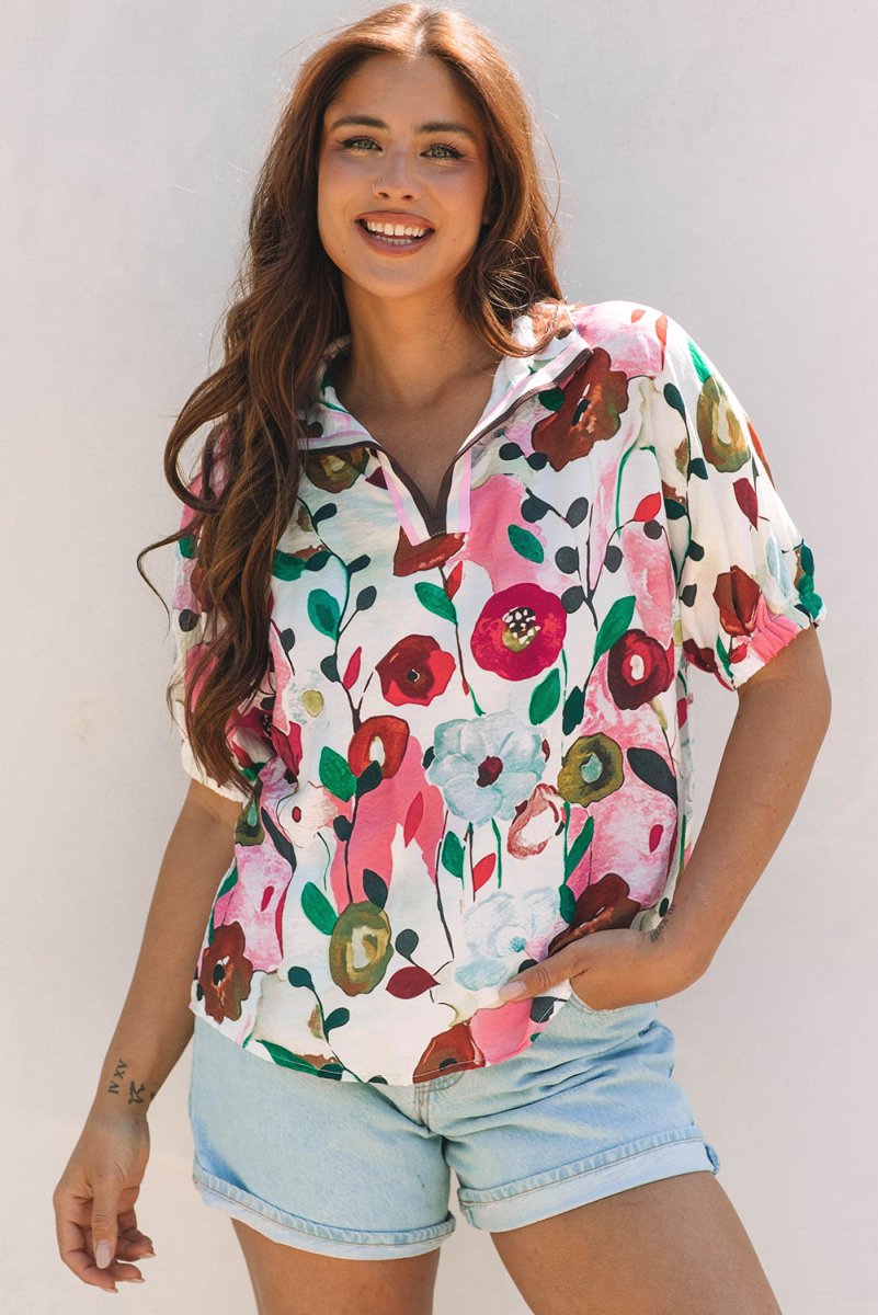 Pink Floral Print Slit V Neck Short Sleeve Blouse for Women - Love Salve