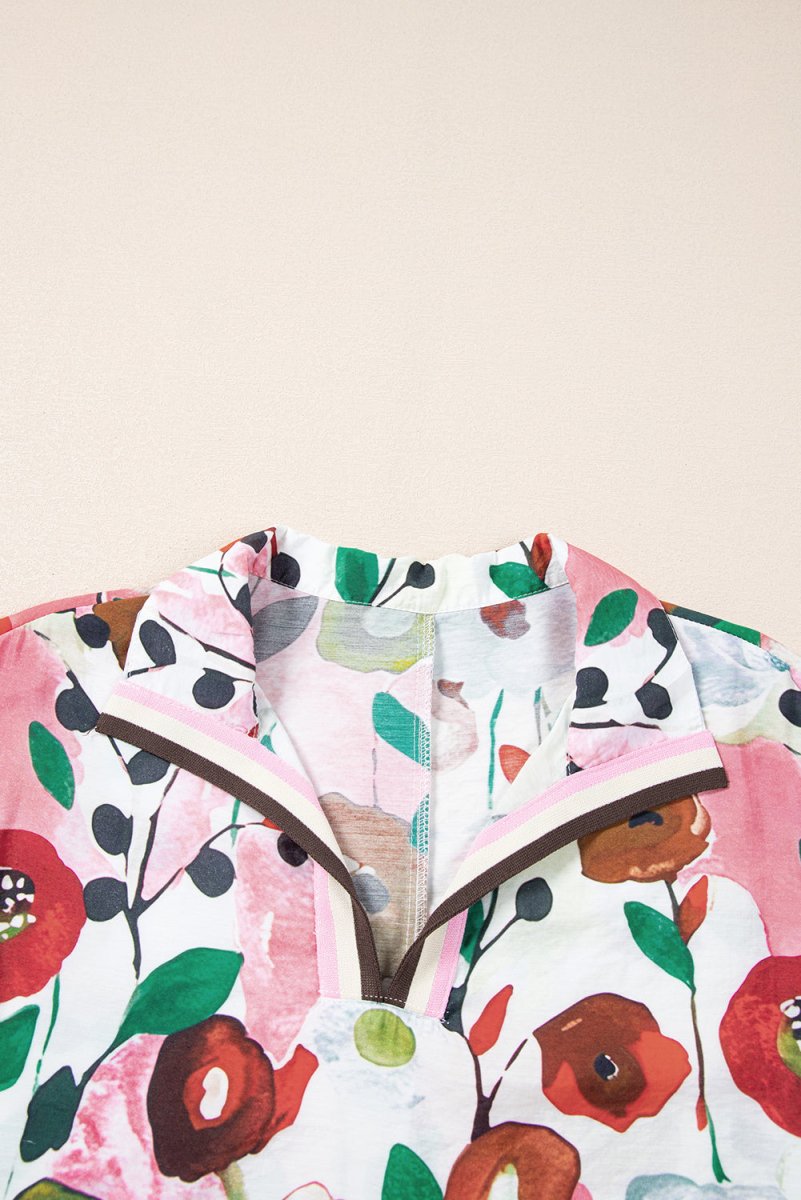 Pink Floral Print Slit V Neck Short Sleeve Blouse for Women - Love Salve