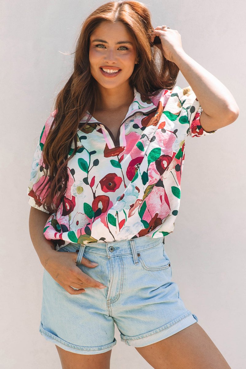 Pink Floral Print Slit V Neck Short Sleeve Blouse for Women - Love Salve