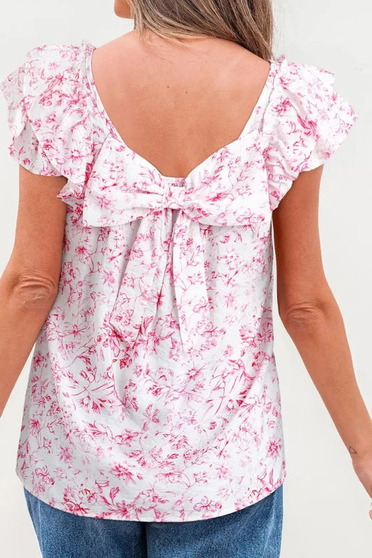 Pink Floral Ruffled Short Sleeve Bow Back Square Neck Blouse - Love Salve