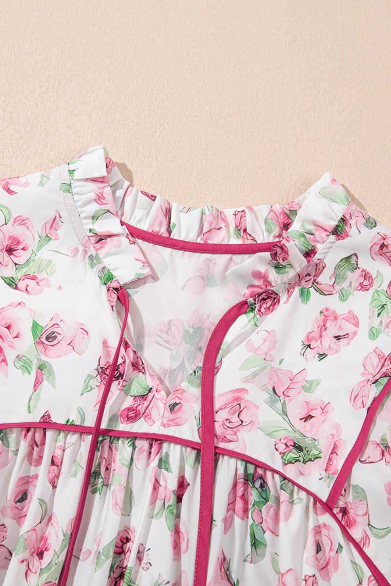 Pink Floral Split Neck Short Sleeve Loose Plus Size Mini Dress - Love Salve
