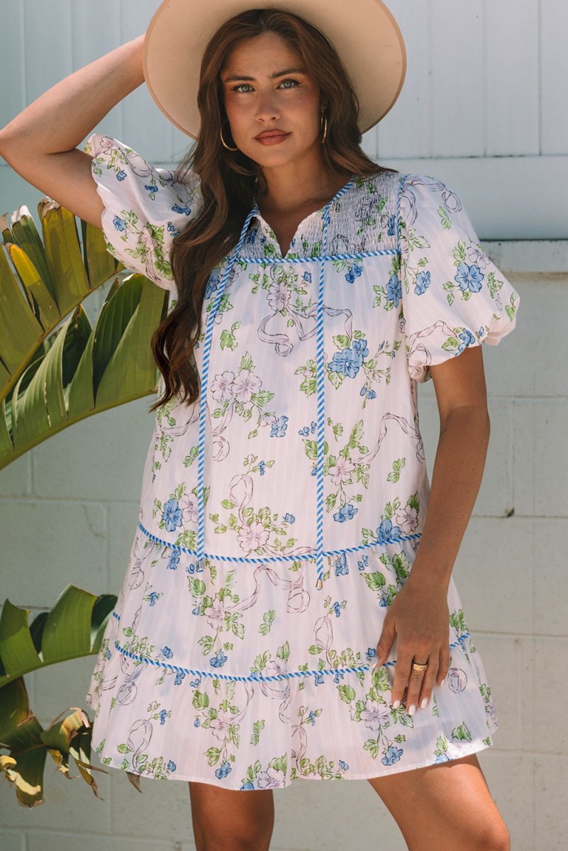 Pink Floral Striped Print Contrast Trim Tie Split Neck Mini Dress - Love Salve