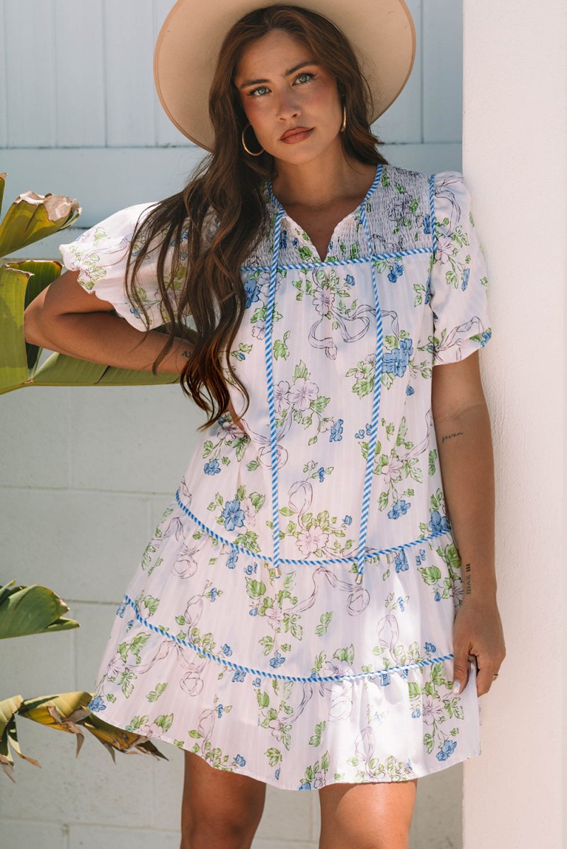 Pink Floral Striped Print Contrast Trim Tie Split Neck Mini Dress - Love Salve