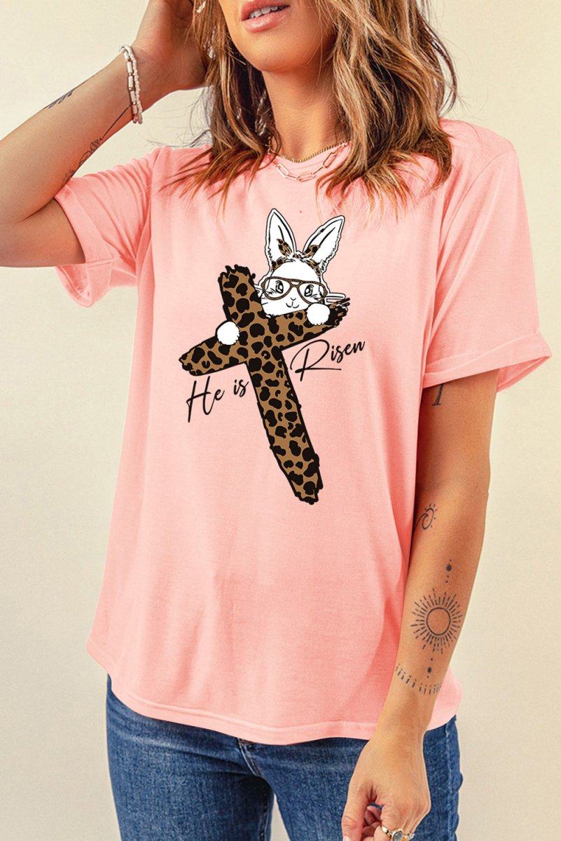 Pink He Is Risen Easter Bunny Leopard Cross Graphic Tee - Love Salve