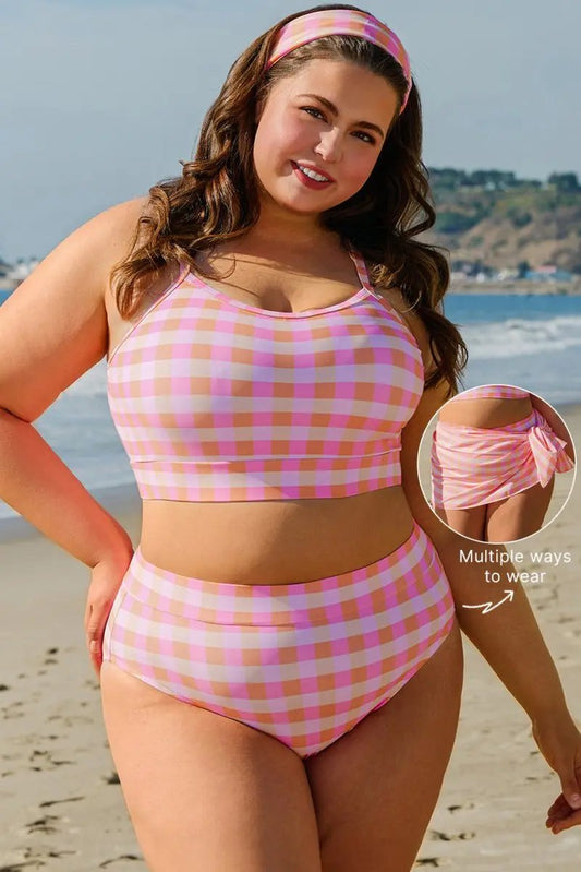 Pink Plus Size Plaid Print High Waist Bikini Set - Love Salve