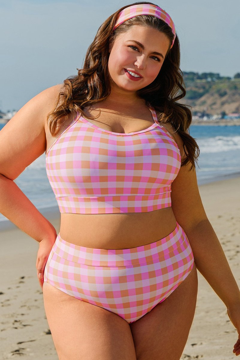 Pink Plus Size Plaid Print High Waist Bikini Set - Love Salve