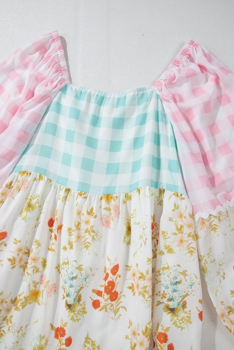 Pink Ric Rac Plaid Floral Print Patchwork Bubble Sleeve Dress - Love Salve