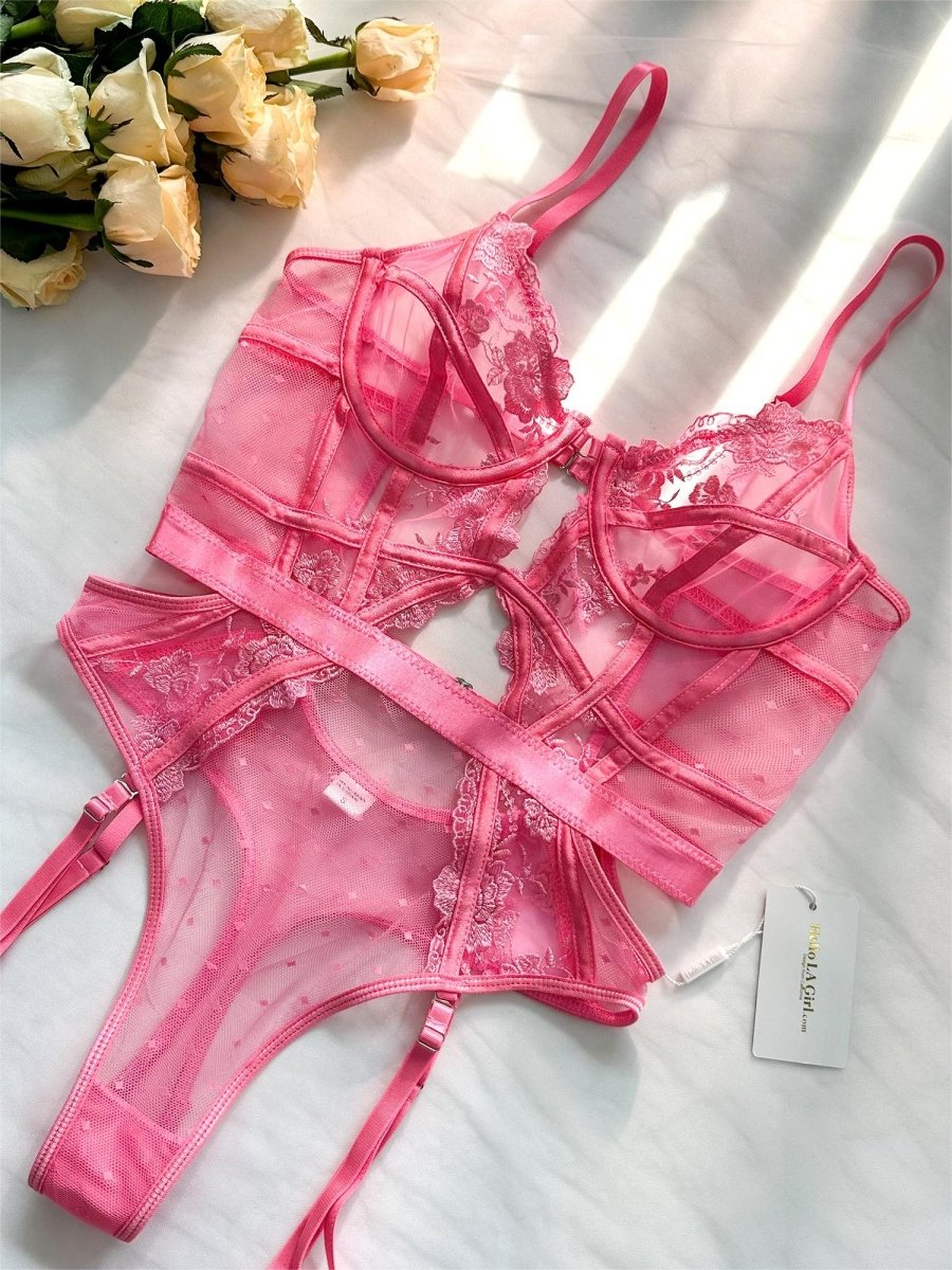 Pink Solid Elegant Embroidered Lace Bodysuit - Love Salve