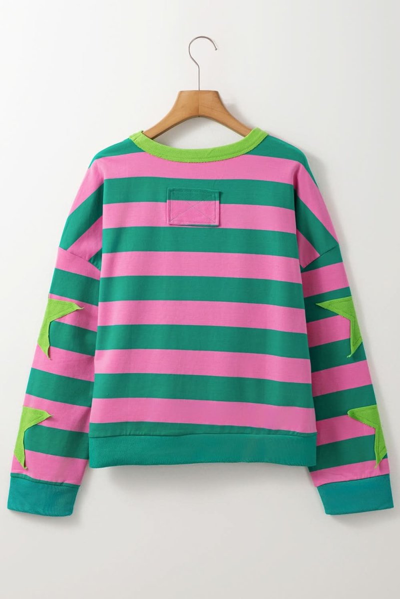 Pink Stripe Star Patchwork Round Neck Pullover Sweatshirt - Love Salve