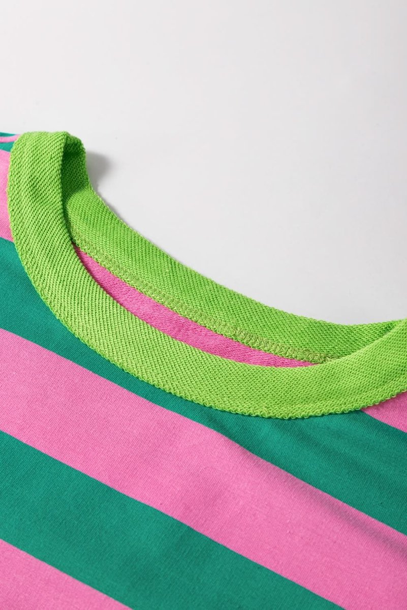 Pink Stripe Star Patchwork Round Neck Pullover Sweatshirt - Love Salve