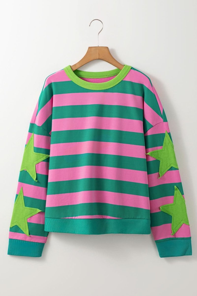Pink Stripe Star Patchwork Round Neck Pullover Sweatshirt - Love Salve