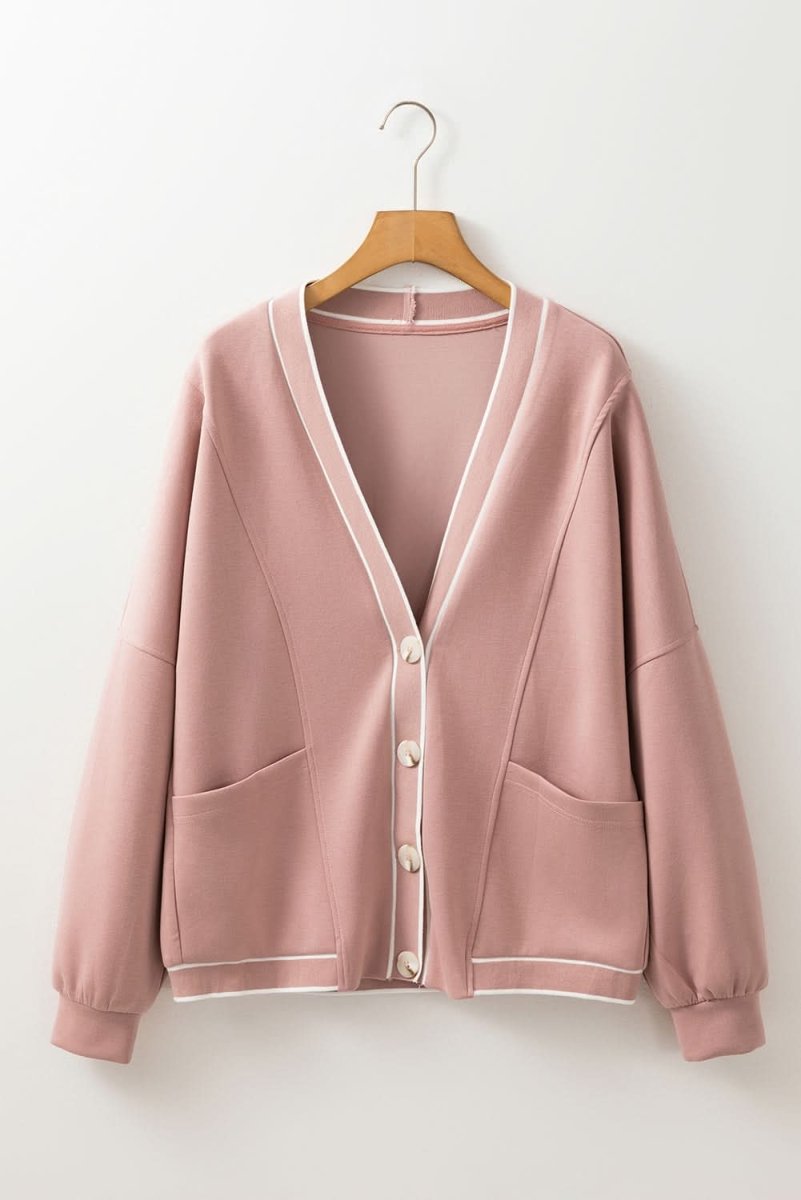 Pink Striped Oversized V - Neck Cardigan with Contrast Trim and Pockets - Love Salve