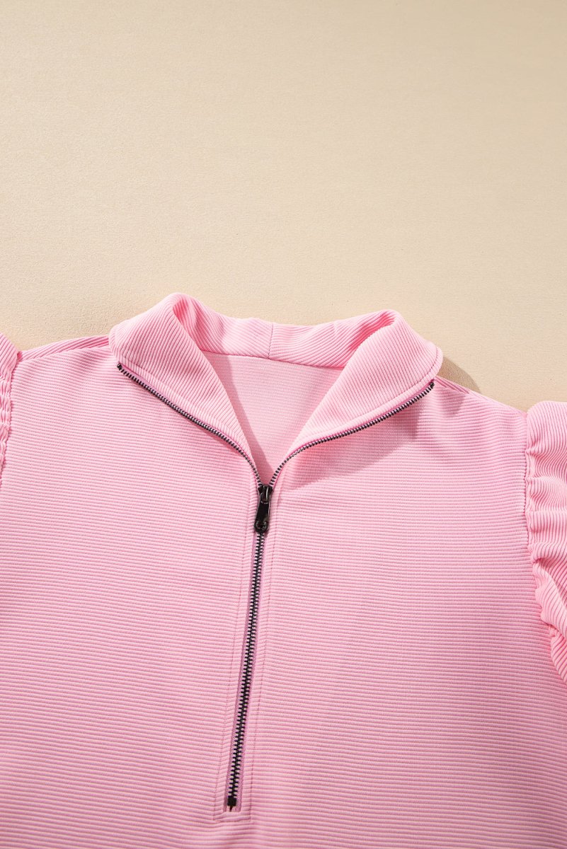 Pink Textured Ruffled Sleeve Zipped Top and Wide Leg Pants Set - Love Salve