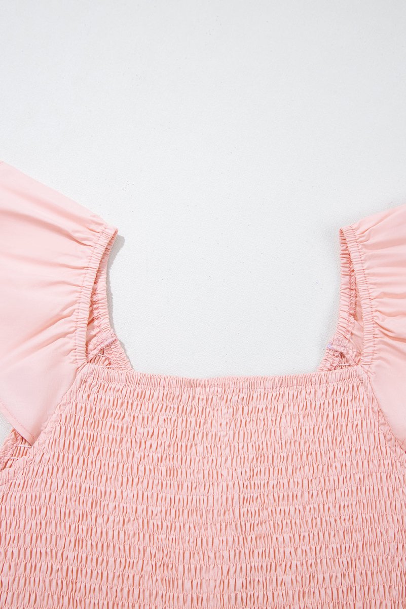 Pink V Neck Flutter Sleeve Smocked Bodice Maxi Dress - Love Salve