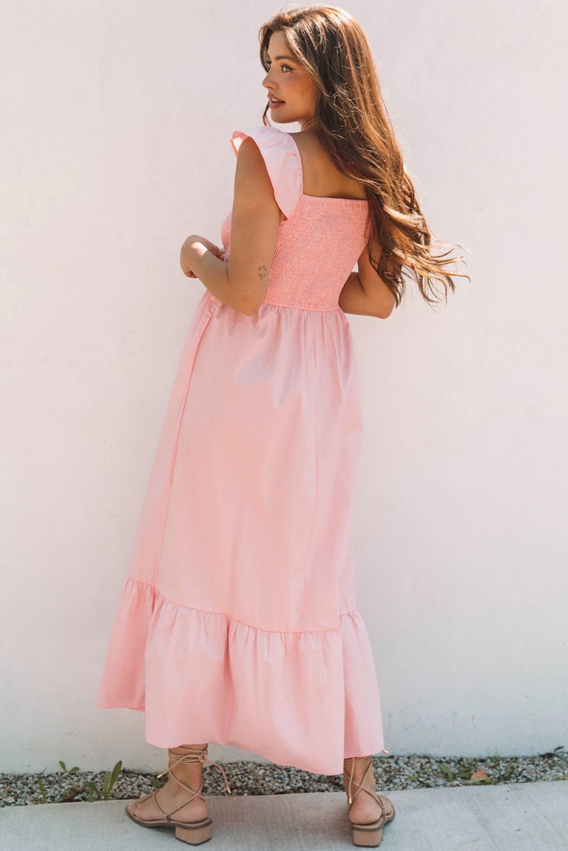 Pink V Neck Flutter Sleeve Smocked Bodice Maxi Dress - Love Salve