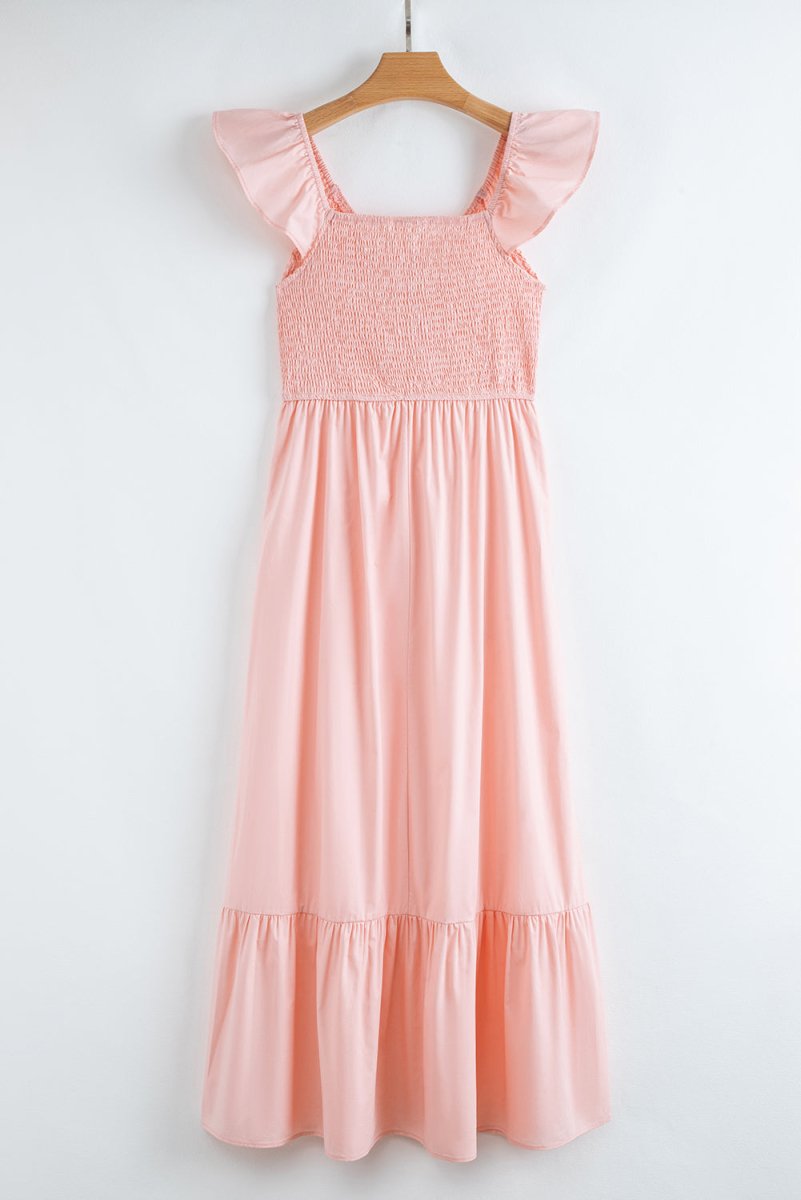 Pink V Neck Flutter Sleeve Smocked Bodice Maxi Dress - Love Salve