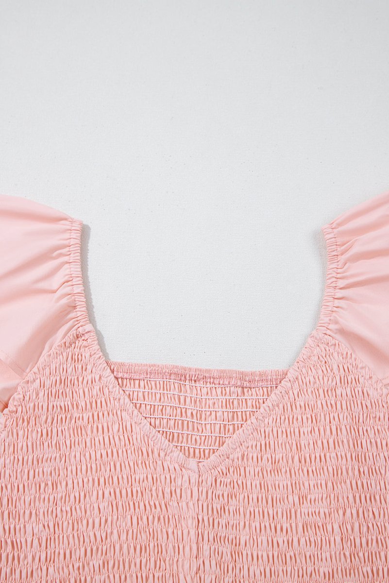 Pink V Neck Flutter Sleeve Smocked Bodice Maxi Dress - Love Salve