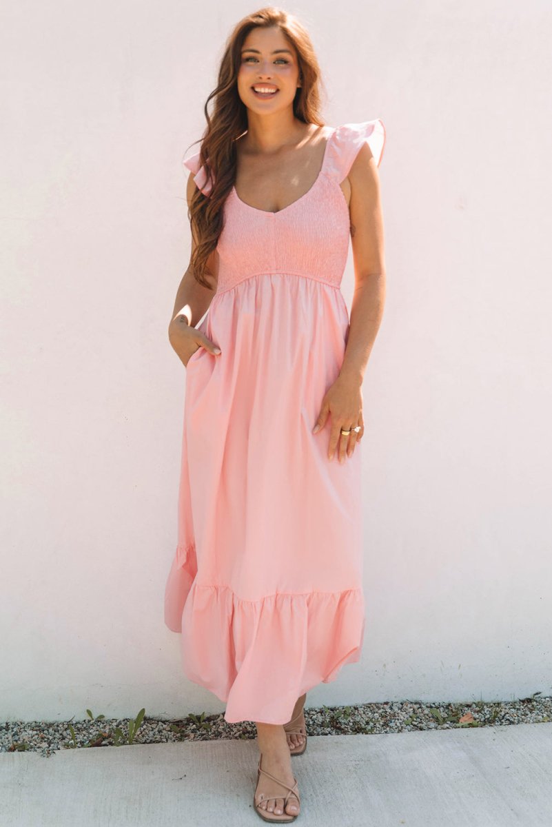 Pink V Neck Flutter Sleeve Smocked Bodice Maxi Dress - Love Salve