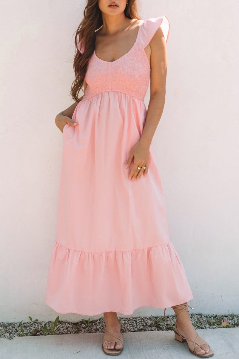 Pink V Neck Flutter Sleeve Smocked Bodice Maxi Dress - Love Salve